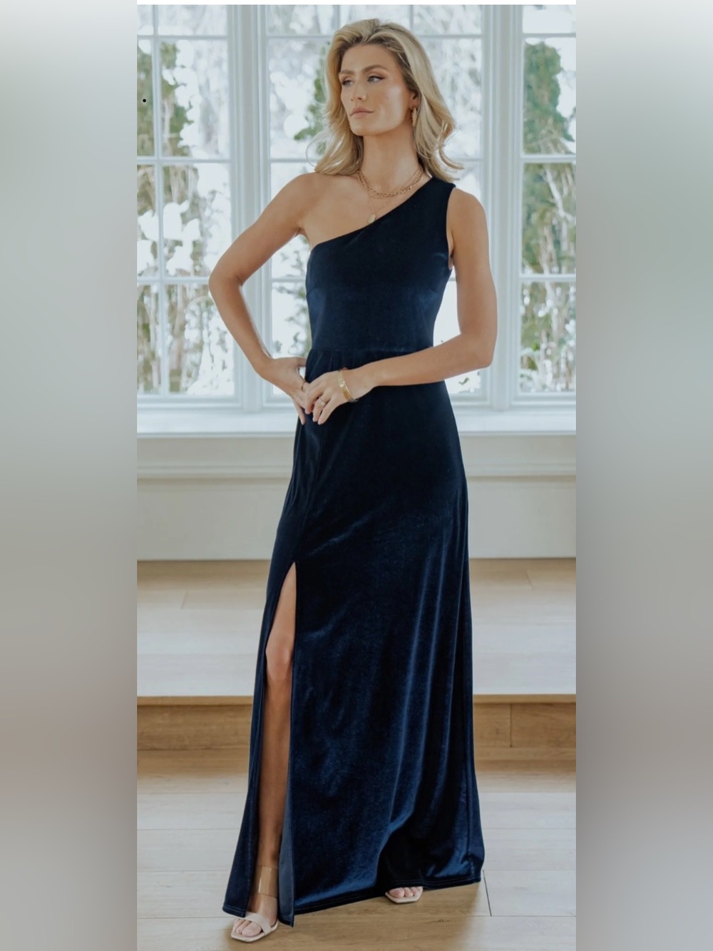 Baltic Born Tatiana Velvet Navy Blue one shoulder Maxi Dress